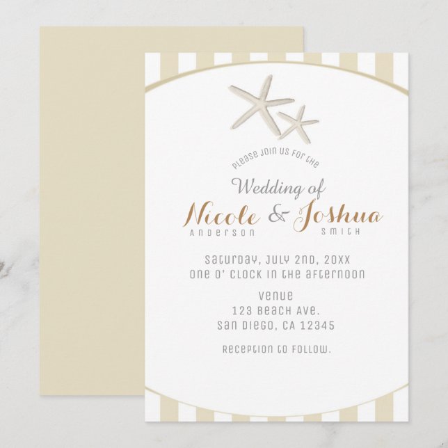 Convite Estrela-do-Mar Bege Listrada Casamento de Praia Mo (Frente/Verso)