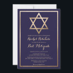 Convite Estrela Elegante de David: Bat Moderno Mitzvah<br><div class="desc">Celebre o dia especial do seu filho com o nosso convite do morcego moderno e elegante. O design apresenta uma estrela de folha de ouro falsa impressa de David e borda, colocada contra um simples fundo azul marinho adornado com a tipografia cursiva do ornamentado. Este convite chico, bonito, minimalista e...</div>