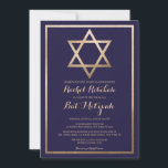 Convite Estrela Elegante de David: Bat Moderno Mitzvah<br><div class="desc">Celebre o dia especial do seu filho com o nosso convite do morcego moderno e elegante. O design apresenta uma estrela de folha de ouro falsa impressa de David e borda, colocada contra um simples fundo azul marinho adornado com a tipografia cursiva do ornamentado. Este convite chico, bonito, minimalista e...</div>