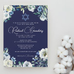 Convite Estrela Floral marinho de David Bat Mitzvah<br><div class="desc">Lindas flores brancas de pedônia e folhas verdes de aquarela formam uma elegante borda neste bonito convite azul floral Bat Mitzvah. O nome da sua filha está escrito em chic, caligrafia branca nesta cerimônia ou convite de festas sob uma Estrela de David para uma família judia celebrando uma garota sendo...</div>