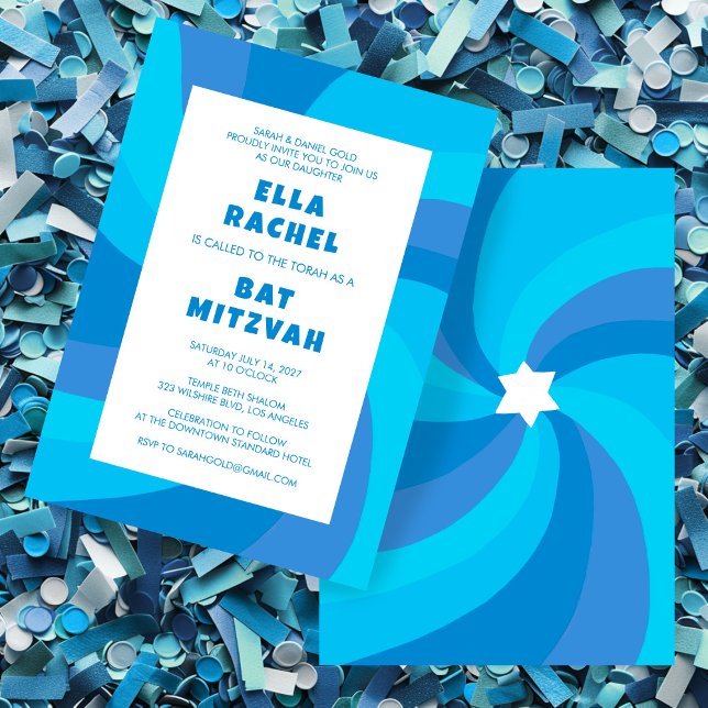 Convite Estrela giratória moderna do Bar personalizado Dav (Modern Swirl Star of David Custom Bar Bat Mitzvah Invitation Blue Stripes Bold Colorful)