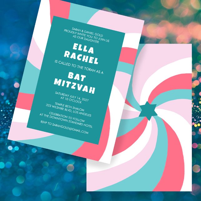 Convite Estrela giratória moderna do Bar personalizado Dav (Modern Swirl Star of David Custom Bar Bat Mitzvah Invitation Pink Green Bold Colorful Chic Cute)