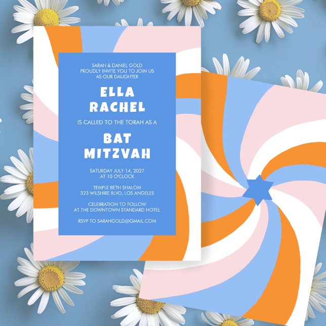 Convite Estrela giratória moderna do Bar personalizado Dav (Modern Swirl Star of David Custom Bar Bat Mitzvah Invitation Colorful Bold Stripes Orange Blue)