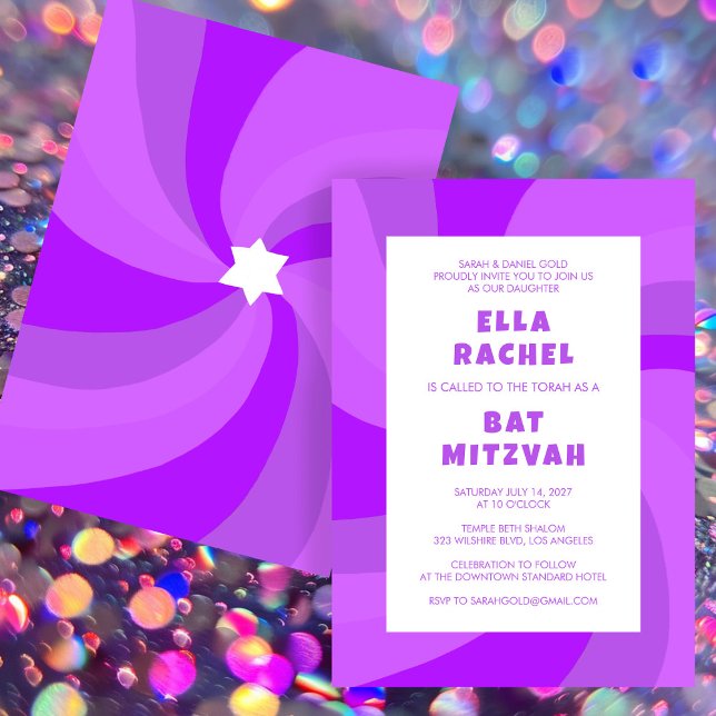 Convite Estrela giratória moderna do Bar personalizado Dav (Modern Swirl Star of David Custom Bar Bat Mitzvah Invitation Purple Colorful Bold
)