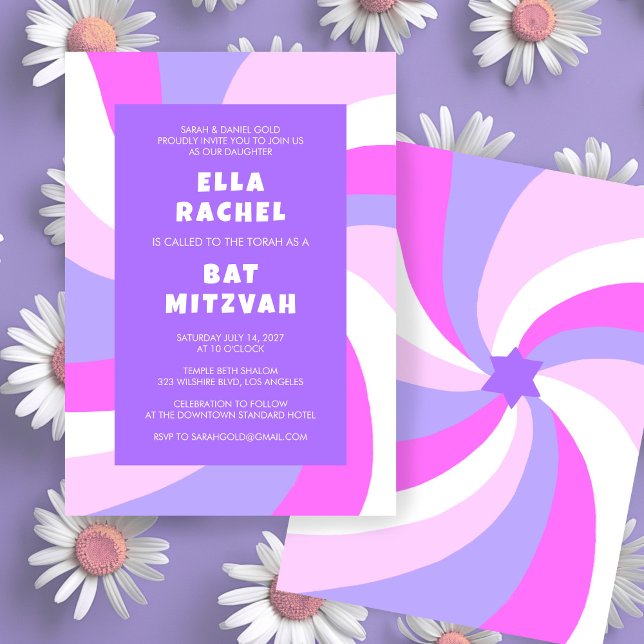 Convite Estrela giratória moderna do Bar personalizado Dav (Modern Swirl Star of David Custom Bar Bat Mitzvah Invitation Purple Pink)