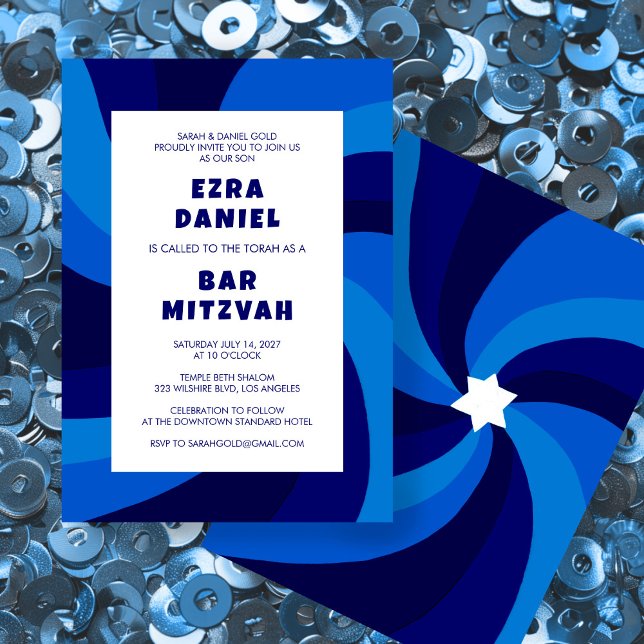 Convite Estrela giratória moderna do Bar personalizado Dav (Modern Swirl Star of David Custom Bar Bat Bnai Mitzvah Invitation
)