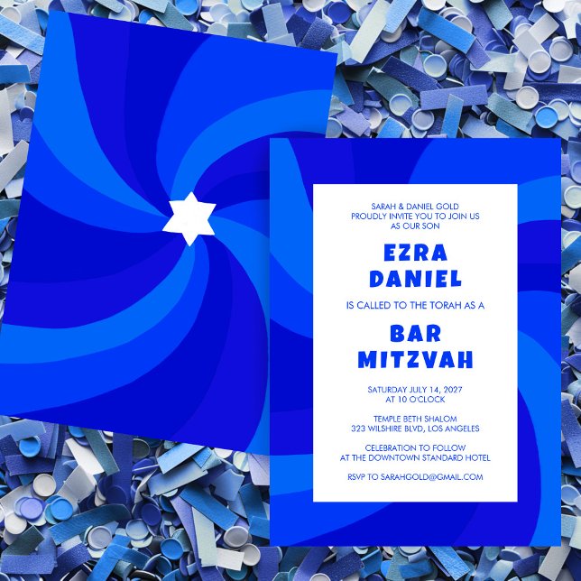 Convite Estrela giratória moderna do Bar personalizado Dav (Modern Swirl Star of David Custom Bar Bat Mitzvah Invitation BLue
)