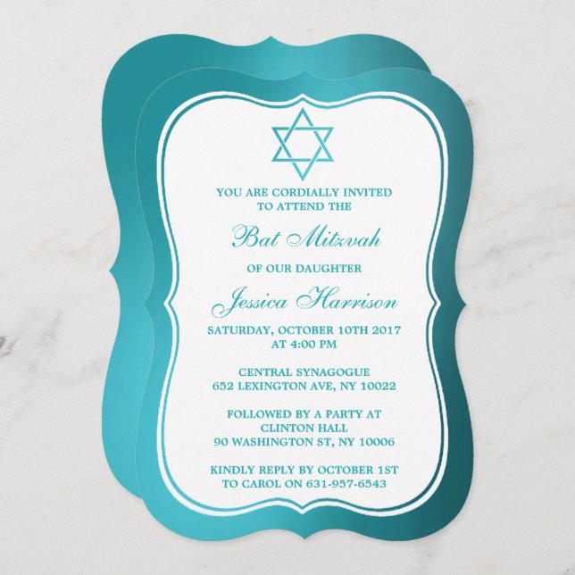 Convite Estrela Judaica Metálica De David Bat Mitzvah (Frente/Verso)