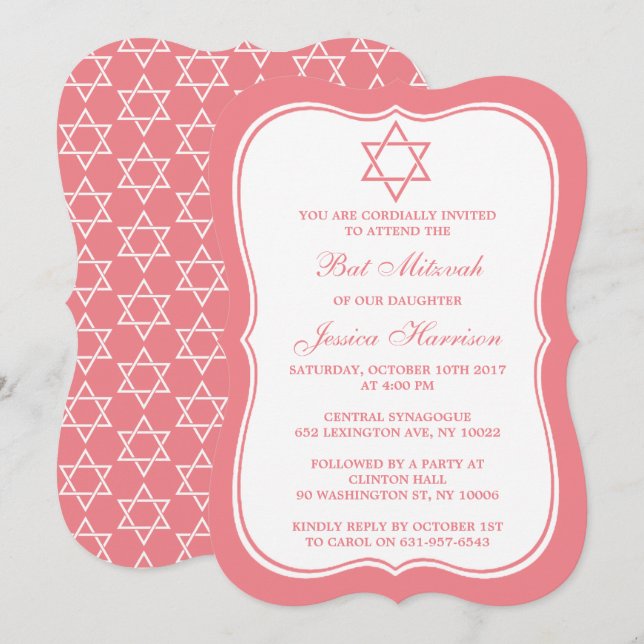 Convite Estrela Judaica Rosa E Branca De David Bat Mitzvah (Frente/Verso)