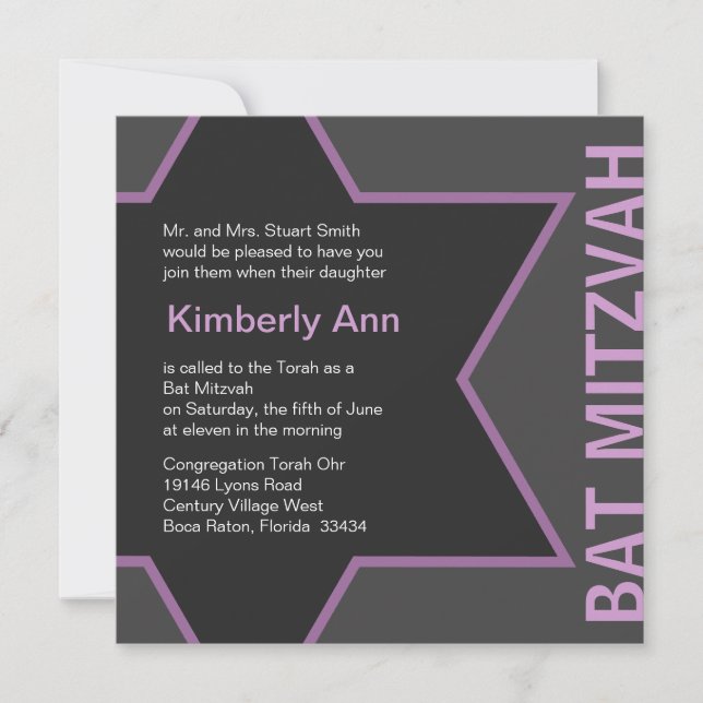 Convite Estrela Moderna de David Bat Mitzvah - Cinza e Ros (Frente)