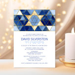 Convite Estrela Moderna do Dourado Bar Azul Mitzvah Hebrai<br><div class="desc">Belo Bar judeu religioso, Mitzvah, cartões de convite. Design de aquarela moderna, mas elegante, em pincel, trava cores azuis, azul claro a marinho. Estrela Dourada de David no meio com azulejos falsos de mosaico. Letras modernas de script. "É chamado para o TORAH como um Bar Mitzvah". Prefeito para um filho...</div>