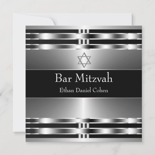 Convite Estrela Negra de Davi Bar Mitzvah Prata (Frente)
