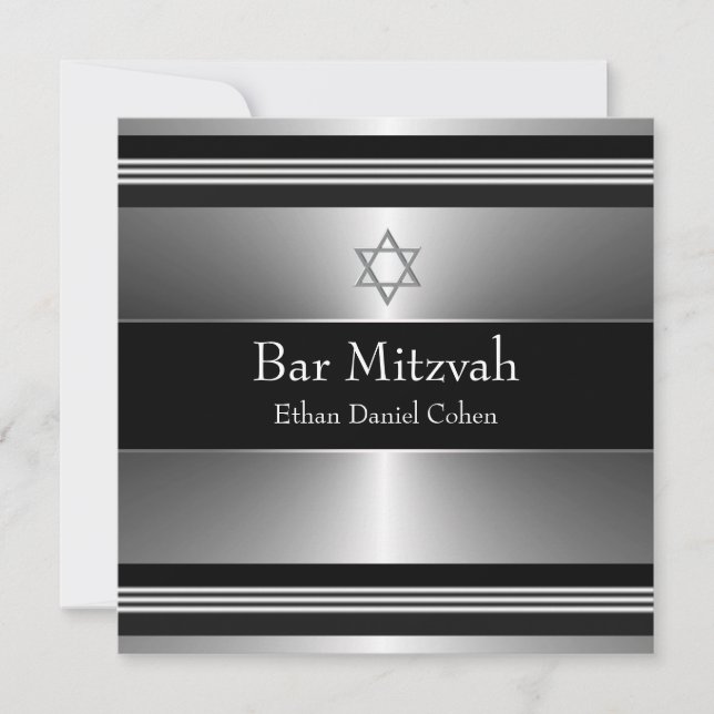 Convite Estrela Negra de Davi Bar Mitzvah Prata (Frente)