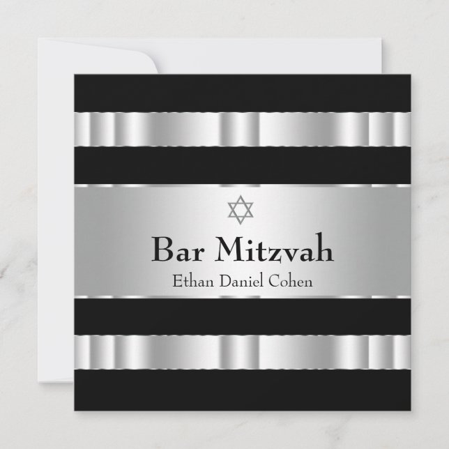 Convite Estrela Negra de Davi Bar Mitzvah Prata (Frente)