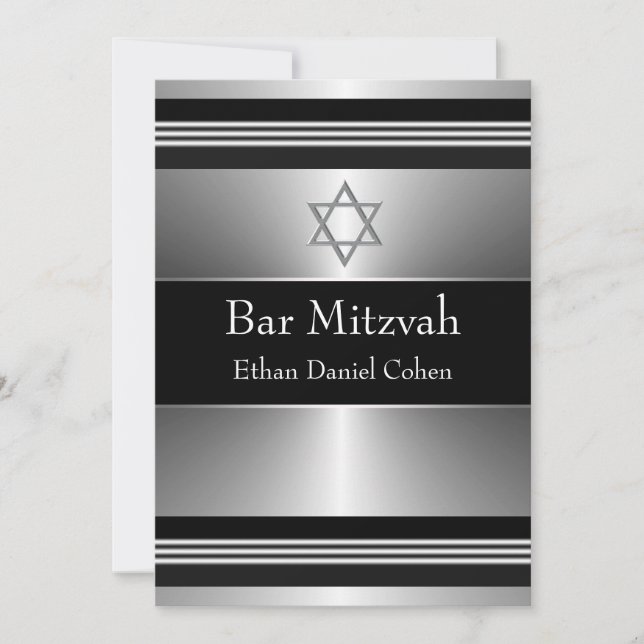Convite Estrela Negra de Davi em Prata Bar Mitzvah (Frente)