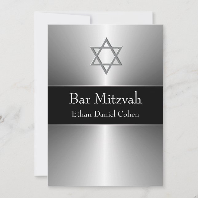 Convite Estrela Negra de Davi em Prata Bar Mitzvah (Frente)