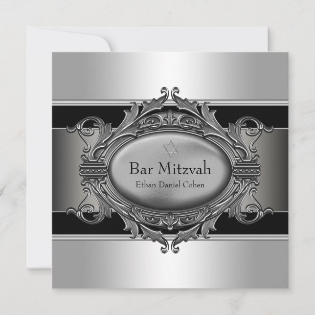 Convite Estrela Negra de Davi em Prata Bar Mitzvah (Frente)