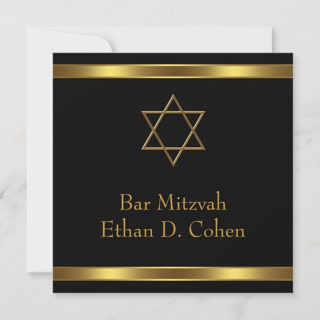 Convite Estrela Negra de David Bar Mitzvah Dourada (Frente)
