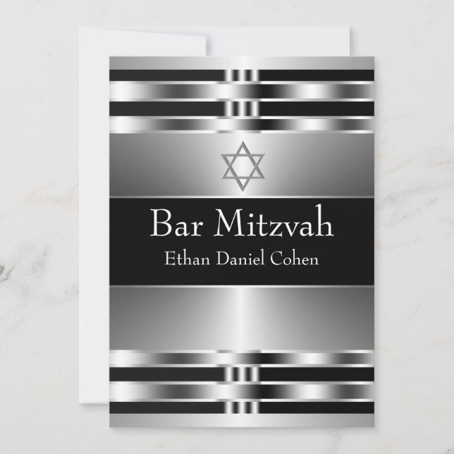 Convite Estrela Negra de David Bar Mitzvah Prata (Frente)