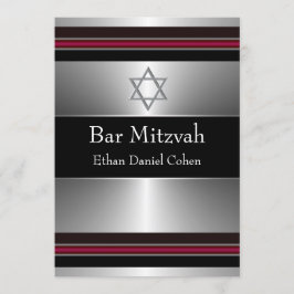 Convite Estrela Negra Vermelha Prata de Davi Bar Mitzvah