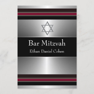 Convite Estrela Negra Vermelha Prata de Davi Bar Mitzvah