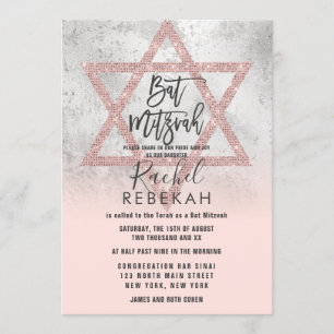 Convite Estrela Prateada Rosa-Dourada de David Bat Mitzvah