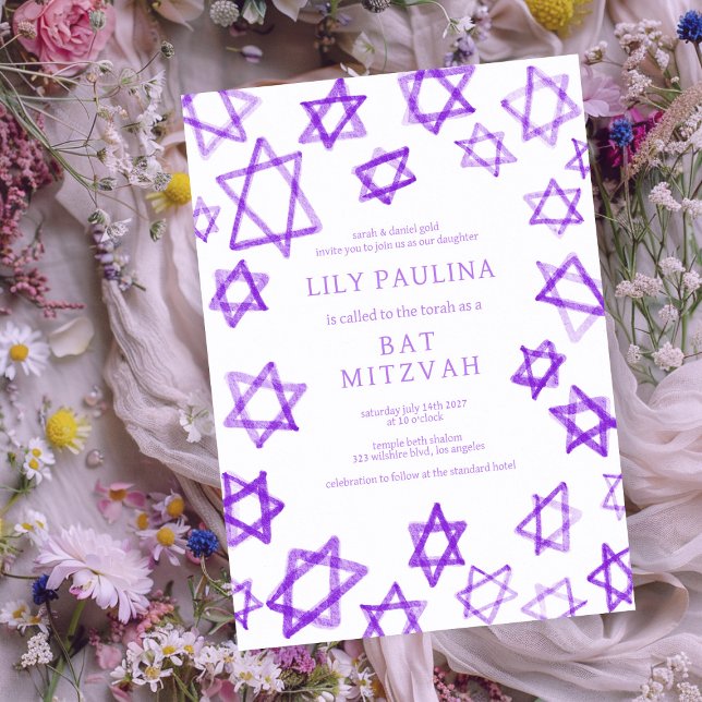 Convite Estrela Púrpura de Watercolor de David Bat Mitzvah (Watercolor Purple Star of David Bar Bat Mitzvah Custom Colorful Fun Modern Invitation
)
