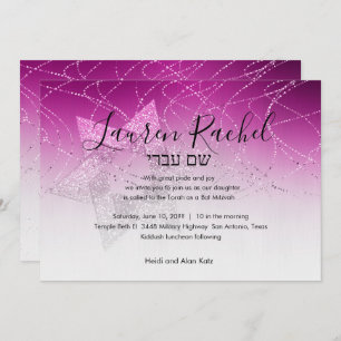 Convite Estrela Rosa Bat Mitzvah Magenta de David Glittery