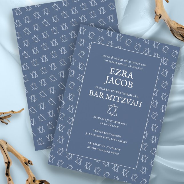 Convite Estrela Simples de David Personalizada B'nai Bat B (Simple Star of David Pattern Minimalist Elegant Custom B'nai Bat Bar Mitzvah Invitation Blue White
)