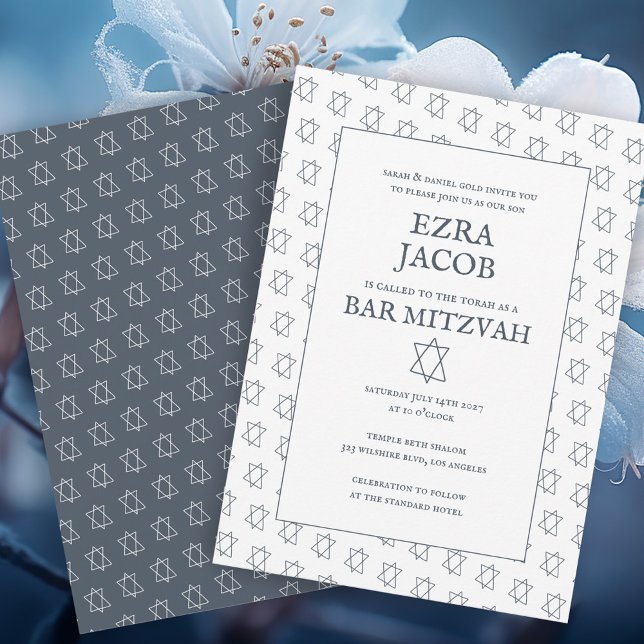 Convite Estrela Simples de David Personalizado B'nai Bat B (Simple Star of David Pattern Minimalist Elegant Custom B'nai Bat Bar Mitzvah Invitation Blue White
)