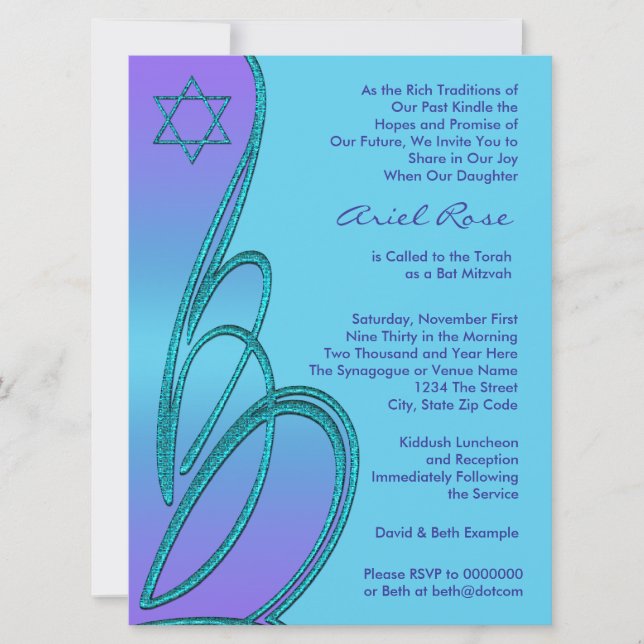 Convite Estrela Teal Roxa de David Bat Mitzvah (Frente)