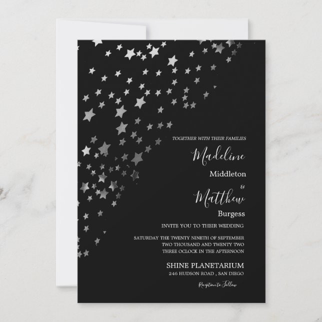 Convite Estrelas Astral Prata Noite de Casamento Preto (Frente)