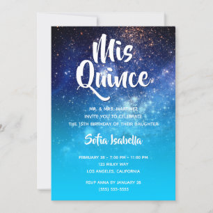Convite Estrelas Azuis Aqua Cósmico Ombre Mis Quince Anive