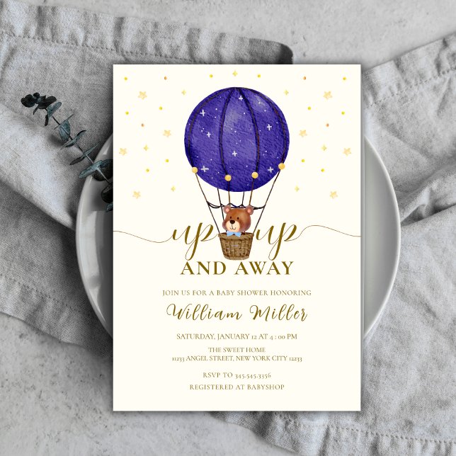 Convite Estrelas bonitas Urso de Teddy Urso de Ar Quente C (Cute Stars Teddy Bear Hot Air Balloon Baby Shower Invitation)