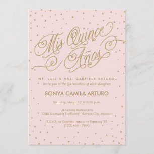Convite Estrelas Bonito cor-de-rosa e Douradas Quinceañer