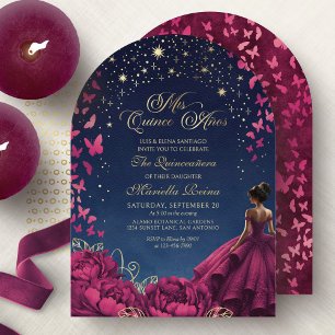 Convite Estrelas Borboletas Borgonha Quinceanera