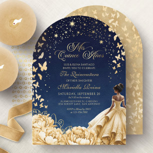 Convite Estrelas Borboletas Florais Quinceanera Dourado Am