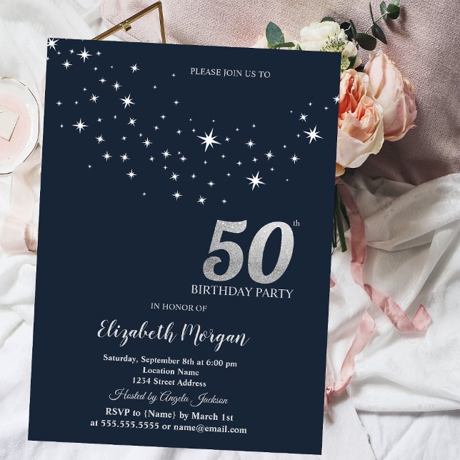 Convite Estrelas Brancas Simples Azuis Festa de Aniversári (Criador carregado)
