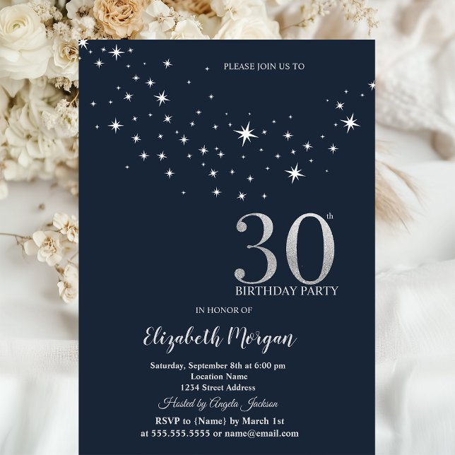 Convite Estrelas Brancas Simples Azul Aniversário de 30 an (Criador carregado)