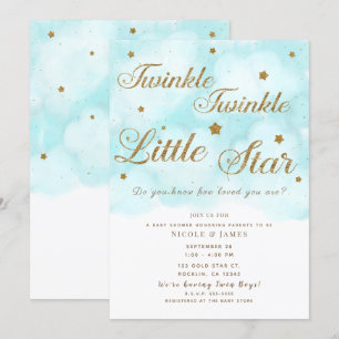 Convite Estrelas Brilhantes Douradas e Nuvens no Céu Azul 