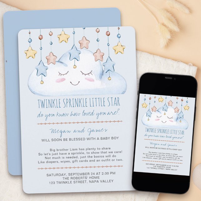 Convite Estrelas Brilhantes e Nuvem Menino Bebê Chuveirinh (Twinkle twinkle little star baby sprinkle invitation for a baby boy)