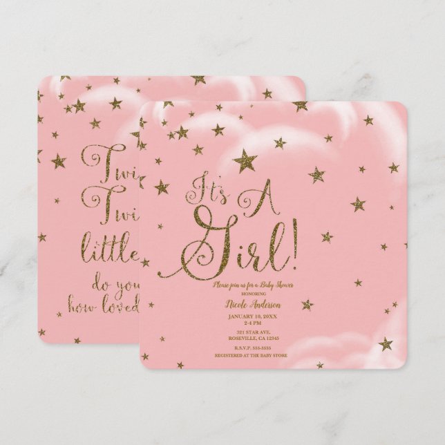 Convite Estrelas Brilhantes Rosa e Dourado É uma Menina Ch (Frente/Verso)