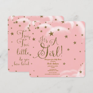 Convite Estrelas Brilhantes Rosa e Dourado É uma Menina Ch