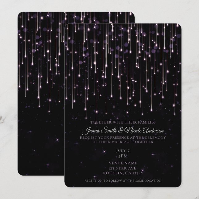 Convite Estrelas Cadentes Espelhantes Roxo Chic Casamento  (Frente/Verso)