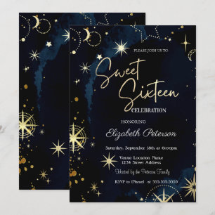 Convite Estrelas Celestiais Azul Marinho Sweet 16