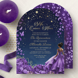 Convite Estrelas Celestiais Roxas Quinceanera Floral