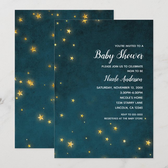 Convite Estrelas Cintilantes Douradas Chuveiro de Bebê Céu (Frente/Verso)