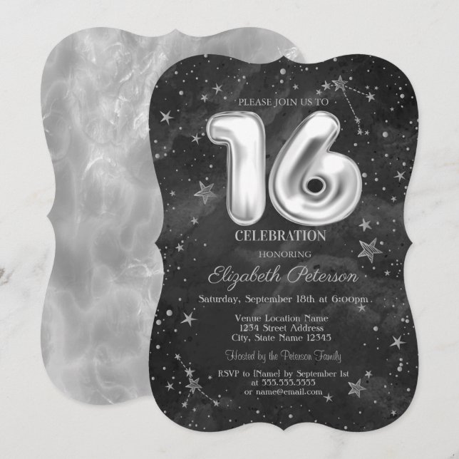 Convite Estrelas Cinza da Moda Sweet 16  (Frente/Verso)