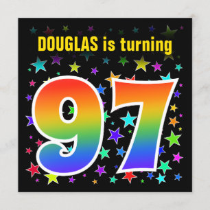 Convite Estrelas coloridas + padrão arco-íris "97" Anive