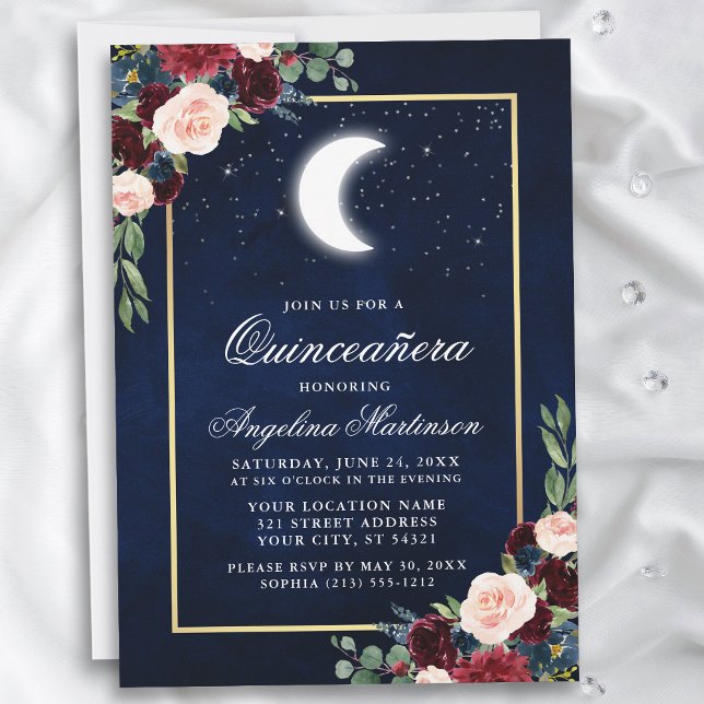 Convite Estrelas da Lua Celestiais Quinceanera Dourada Flo (Customize to add text or a photo to back of card.)